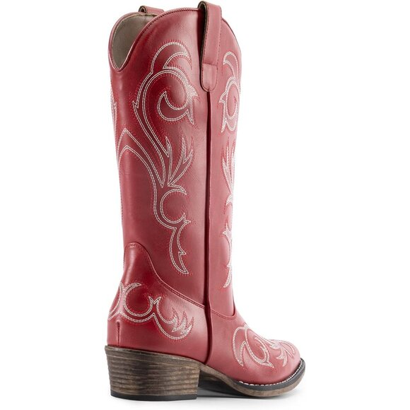 Dream Pairs Women's Red Mid Calf Cowgirl Boots Square Toe Chunky Heel Shoes - Picture 4 of 8